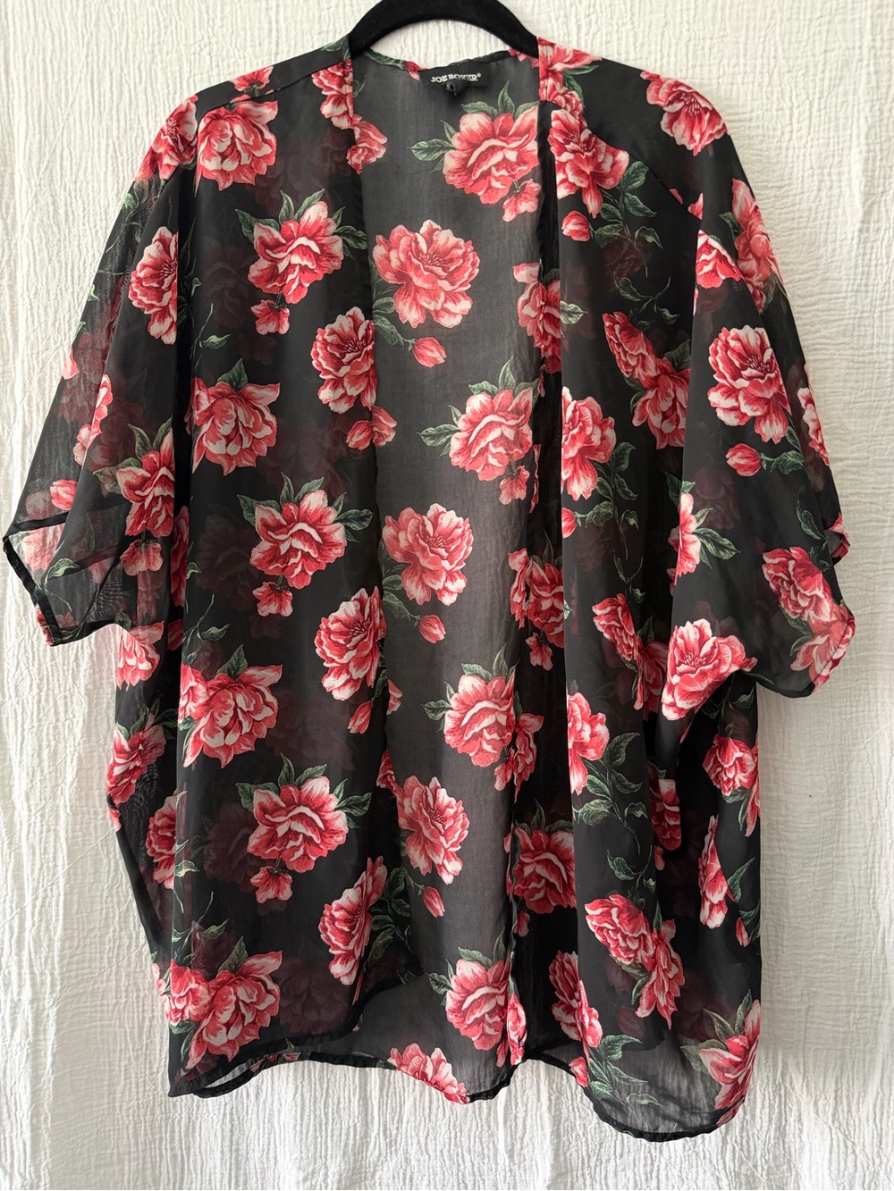 Joe Boxer Black Sheer Floral Kimono with Pink Roses
